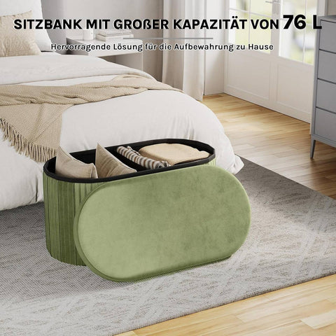 Rootz Seat Stool with Lid Storage - Velvet Ottoman - Foldable Footrest - Elegant Design - 76x38x38cm Green