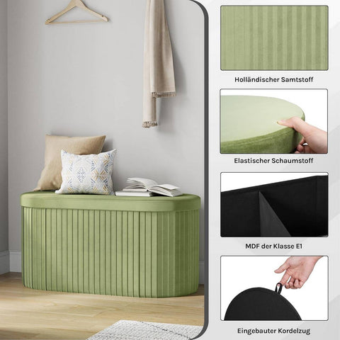 Rootz Seat Stool with Lid Storage - Velvet Ottoman - Foldable Footrest - Elegant Design - 76x38x38cm Green