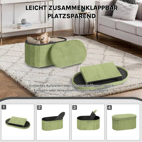 Rootz Seat Stool with Lid Storage - Velvet Ottoman - Foldable Footrest - Elegant Design - 76x38x38cm Green