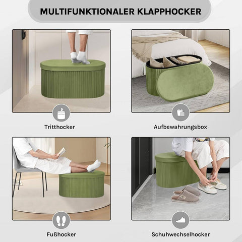 Rootz Seat Stool with Lid Storage - Velvet Ottoman - Foldable Footrest - Elegant Design - 76x38x38cm Green
