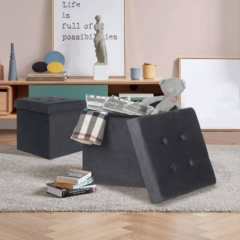 Rootz Foldable Storage Stool - Ottoman Bench - Box Seat - Velvet Cushion - Shoe Cabinet - 37.5cm x 38cm x 37.5cm