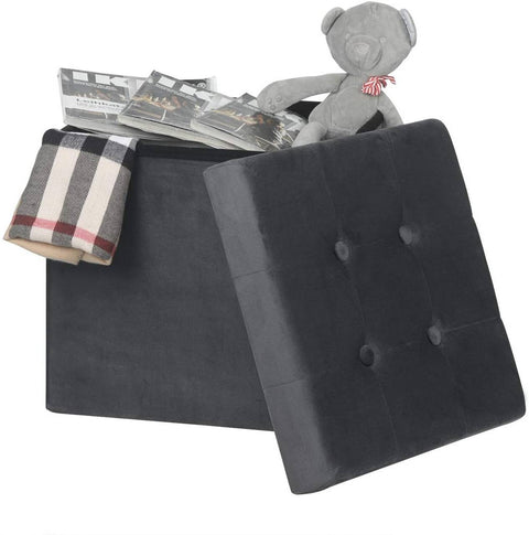 Rootz Foldable Storage Stool - Ottoman Bench - Box Seat - Velvet Cushion - Shoe Cabinet - 37.5cm x 38cm x 37.5cm