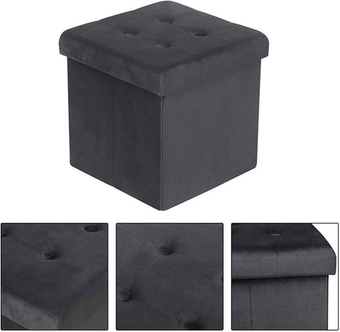 Rootz Foldable Storage Stool - Ottoman Bench - Box Seat - Velvet Cushion - Shoe Cabinet - 37.5cm x 38cm x 37.5cm