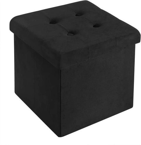 Rootz Velvet Storage Stool - Ottoman, Footrest, Seating - Extra Storage, Modern Design - 37.5x37.5x38cm, Black, Holds 300kg