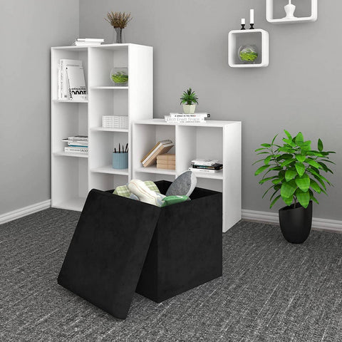 Rootz Velvet Storage Stool - Ottoman, Footrest, Seating - Extra Storage, Modern Design - 37.5x37.5x38cm, Black, Holds 300kg