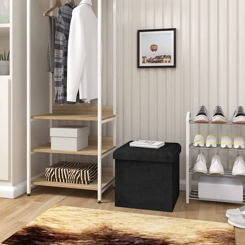 Rootz Velvet Storage Stool - Ottoman, Footrest, Seating - Extra Storage, Modern Design - 37.5x37.5x38cm, Black, Holds 300kg