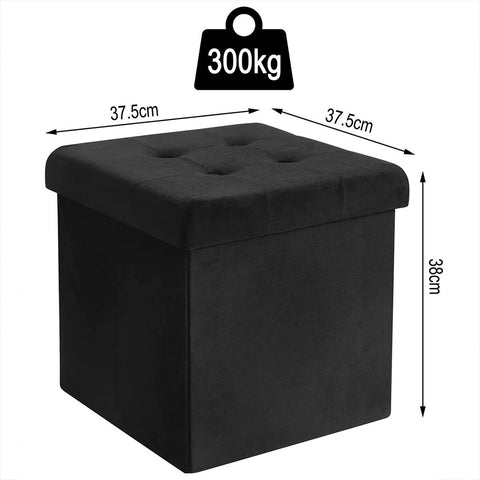 Rootz Velvet Storage Stool - Ottoman, Footrest, Seating - Extra Storage, Modern Design - 37.5x37.5x38cm, Black, Holds 300kg