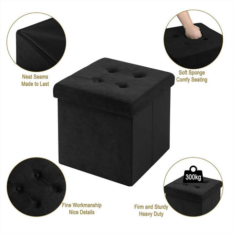 Rootz Velvet Storage Stool - Ottoman, Footrest, Seating - Extra Storage, Modern Design - 37.5x37.5x38cm, Black, Holds 300kg