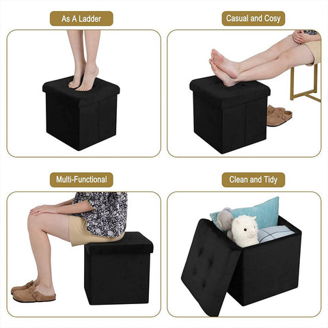 Rootz Velvet Storage Stool - Ottoman, Footrest, Seating - Extra Storage, Modern Design - 37.5x37.5x38cm, Black, Holds 300kg
