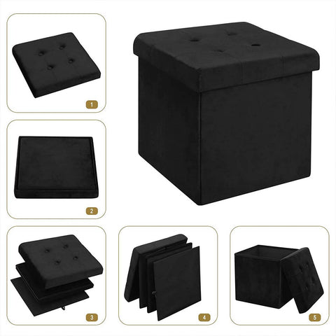 Rootz Velvet Storage Stool - Ottoman, Footrest, Seating - Extra Storage, Modern Design - 37.5x37.5x38cm, Black, Holds 300kg