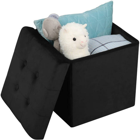 Rootz Velvet Storage Stool - Ottoman, Footrest, Seating - Extra Storage, Modern Design - 37.5x37.5x38cm, Black, Holds 300kg