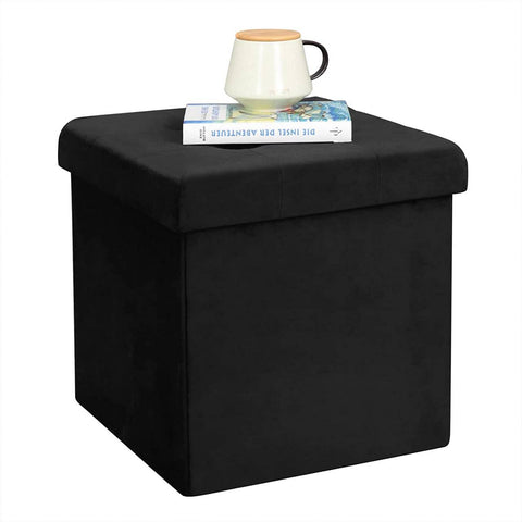 Rootz Velvet Storage Stool - Ottoman, Footrest, Seating - Extra Storage, Modern Design - 37.5x37.5x38cm, Black, Holds 300kg