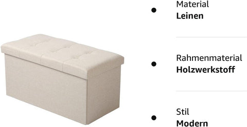 Rootz Foldable Storage Stool - Ottoman - Footrest - Large Capacity - 76cm x 37.5cm x 38cm - Convenient Storage - Linen Fabric - 80L