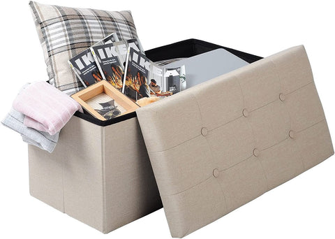 Rootz Foldable Storage Stool - Ottoman - Footrest - Large Capacity - 76cm x 37.5cm x 38cm - Convenient Storage - Linen Fabric - 80L