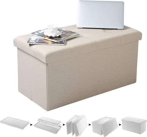 Rootz Foldable Storage Stool - Ottoman - Footrest - Large Capacity - 76cm x 37.5cm x 38cm - Convenient Storage - Linen Fabric - 80L