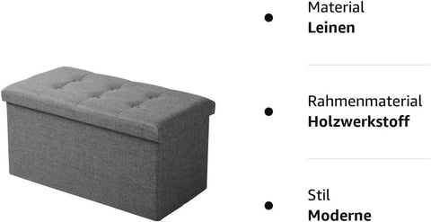 Rootz Foldable Storage Box Ottoman - Linen Stool - Footstool - Large Capacity - 76cm x 38cm x 37.5cm - Dark Gray Light Gray Cream White