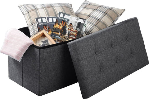 Rootz Foldable Storage Box Ottoman - Linen Stool - Footstool - Large Capacity - 76cm x 38cm x 37.5cm - Dark Gray Light Gray Cream White