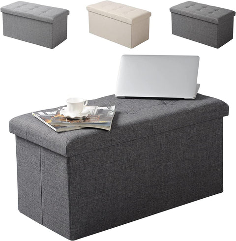 Rootz Foldable Storage Box Ottoman - Linen Stool - Footstool - Large Capacity - 76cm x 38cm x 37.5cm - Dark Gray Light Gray Cream White