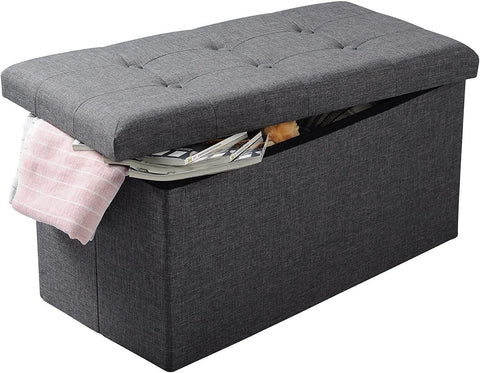 Rootz Foldable Storage Box Ottoman - Linen Stool - Footstool - Large Capacity - 76cm x 38cm x 37.5cm - Dark Gray Light Gray Cream White