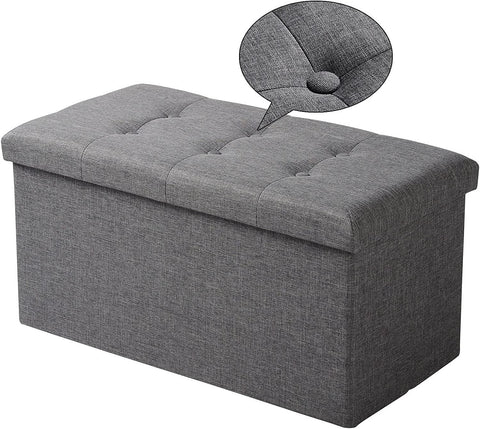 Rootz Foldable Storage Box Ottoman - Linen Stool - Footstool - Large Capacity - 76cm x 38cm x 37.5cm - Dark Gray Light Gray Cream White