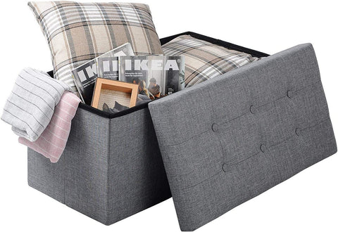 Rootz Foldable Storage Stool with Lid - Linen Ottoman - Large Capacity - Space Saving - Comfortable Seat - 76cm x 38cm x 37.5cm