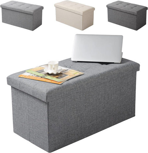 Rootz Foldable Storage Stool with Lid - Linen Ottoman - Large Capacity - Space Saving - Comfortable Seat - 76cm x 38cm x 37.5cm