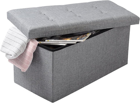Rootz Foldable Storage Stool with Lid - Linen Ottoman - Large Capacity - Space Saving - Comfortable Seat - 76cm x 38cm x 37.5cm