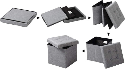 Rootz Stool with Storage - Storage Bench - Foldable Ottoman - Linen Fabric - 37.5cm x 38cm x 37.5cm - Space Saving - Breathable - 38L Storage