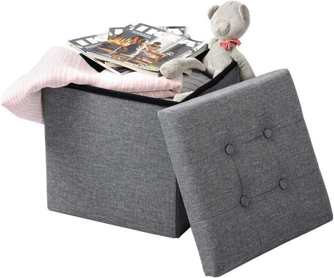 Rootz Folding Storage Stool - Ottoman Bench - Space Saving Seat - MDF (E1) - 37.5cm x 38cm x 37.5cm - Breathable Linen Cover