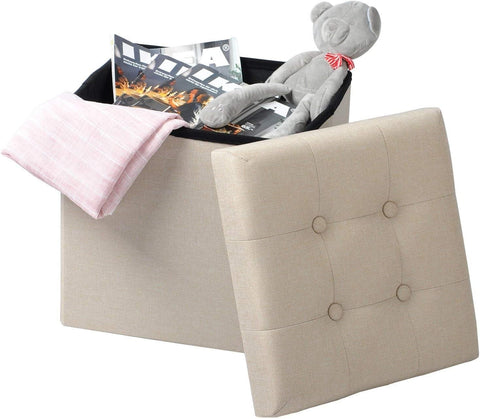 Rootz Stool with Storage - Storage Bench - Foldable Ottoman - Linen Fabric - 37.5cm x 38cm x 37.5cm - Space Saving - Breathable - 38L Storage