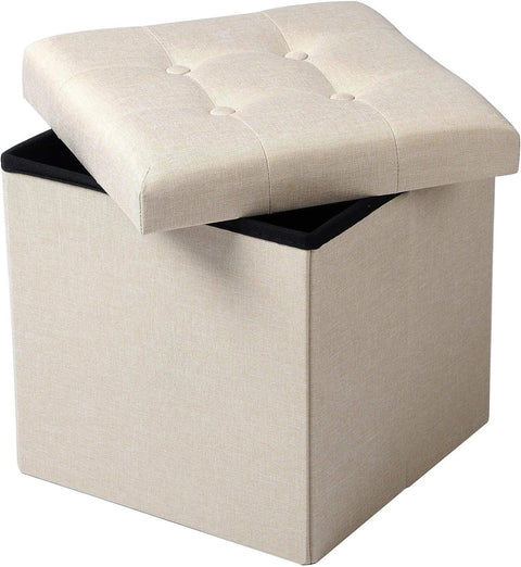 Rootz Stool with Storage - Storage Bench - Foldable Ottoman - Linen Fabric - 37.5cm x 38cm x 37.5cm - Space Saving - Breathable - 38L Storage