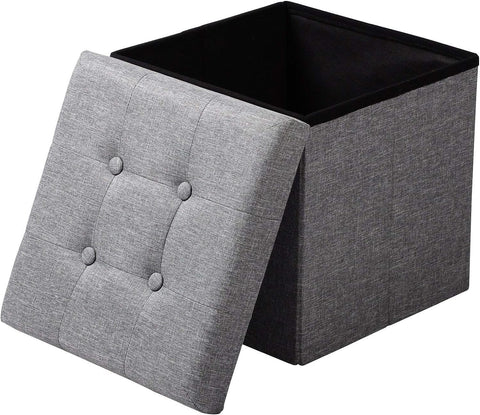 Rootz Folding Storage Stool - Ottoman Bench - Space Saving Seat - MDF (E1) - 37.5cm x 38cm x 37.5cm - Breathable Linen Cover
