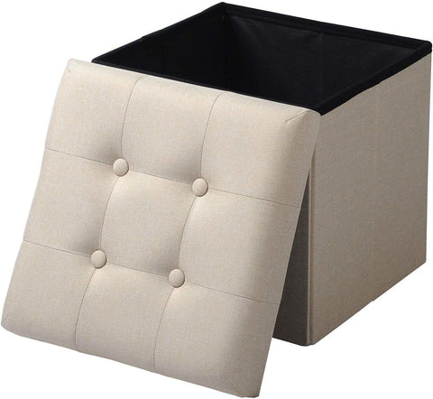 Rootz Stool with Storage - Storage Bench - Foldable Ottoman - Linen Fabric - 37.5cm x 38cm x 37.5cm - Space Saving - Breathable - 38L Storage
