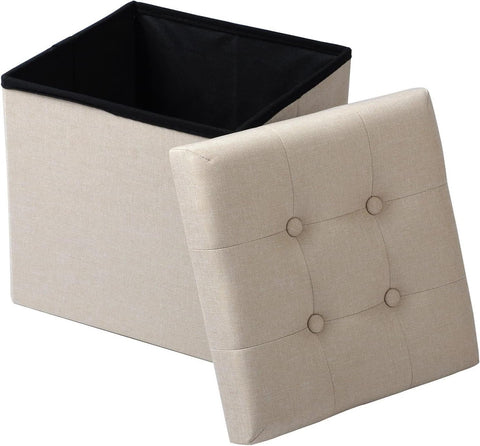 Rootz Stool with Storage - Storage Bench - Foldable Ottoman - Linen Fabric - 37.5cm x 38cm x 37.5cm - Space Saving - Breathable - 38L Storage
