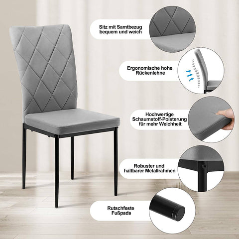 Rootz Dining Room Chairs Set of 4 - Velvet High Back Chairs - Metal Leg Chairs - Comfortable, Ergonomic, Durable - Dark Gray - 42cm x 94.5cm x 59cm