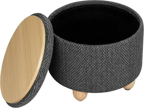 Rootz Round Storage Stool - Ottoman - Footstool - Coarse Linen Cover - High-Density Foam - 39cm x 33cm - Cream White & Gray