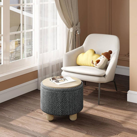 Rootz Round Storage Stool - Ottoman - Footstool - Coarse Linen Cover - High-Density Foam - 39cm x 33cm - Cream White & Gray