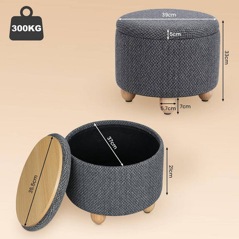 Rootz Round Storage Stool - Ottoman - Footstool - Coarse Linen Cover - High-Density Foam - 39cm x 33cm - Cream White & Gray