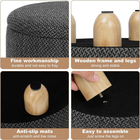 Rootz Round Storage Stool - Ottoman - Footstool - Coarse Linen Cover - High-Density Foam - 39cm x 33cm - Cream White & Gray