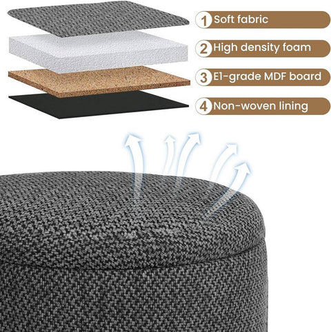 Rootz Round Storage Stool - Ottoman - Footstool - Coarse Linen Cover - High-Density Foam - 39cm x 33cm - Cream White & Gray