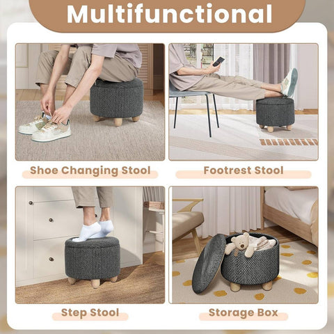 Rootz Round Storage Stool - Ottoman - Footstool - Coarse Linen Cover - High-Density Foam - 39cm x 33cm - Cream White & Gray