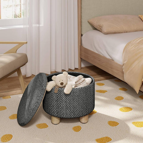 Rootz Round Storage Stool - Ottoman - Footstool - Coarse Linen Cover - High-Density Foam - 39cm x 33cm - Cream White & Gray