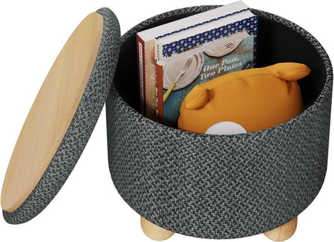 Rootz Round Storage Stool - Ottoman - Footstool - Coarse Linen Cover - High-Density Foam - 39cm x 33cm - Cream White & Gray