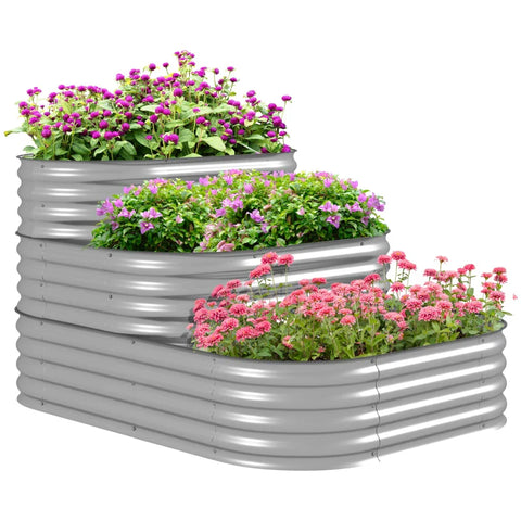 Rootz Raised Bed - Outdoor Flower Stairs - Planter Box - 3 Steps - Garden Bed - Galvanized Metal - Silver - 158cm x 109cm x 82cm