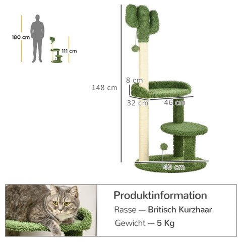 Rootz Cat Tree - Cactus Design - Cat Scratching Post - Cat Activity Center - Durable Chipboard - Soft Fabric Cover - 2 Play Balls - 49cm Base x 111cm Height