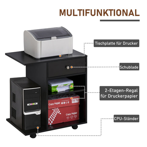 Rootz Printer Table - Printer Stand - Office Trolley - Chipboard - Black - 60cm x 40cm x 68.5cm - Maximize Workspace Efficiency