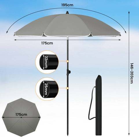 Rootz Round Dark Gray Parasol - Sun Umbrella - Outdoor Shade - UV-Resistant & Height Adjustable - 175cm x 175cm