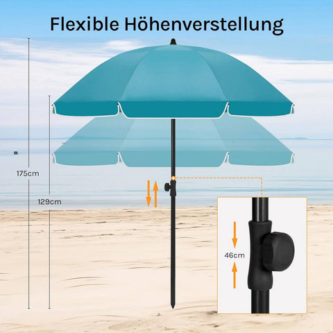 Rootz Round Parasol - Sunshade - Beach Umbrella - UV-Resistant Protection - Blue - 135cm Diameter - Height Adjustable 167-175cm - Effortless Push-Up Opening