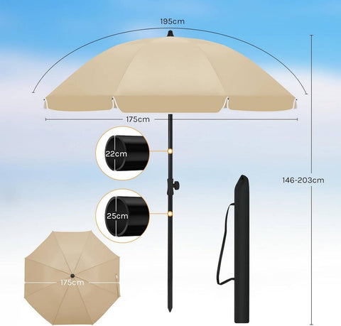 Rootz UV-Resistant Parasol - Sun Umbrella - Outdoor Shade - Height Adjustable - Round Brown175cm - 45° Angle - 167-175 cm Height Adjustment - Robust Design