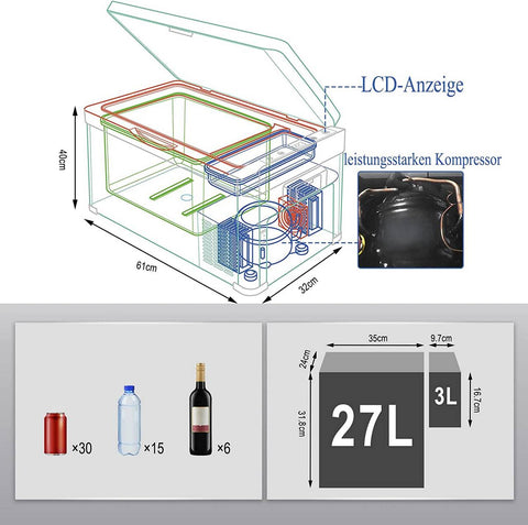 Rootz draagbare elektrische koelbox - autovriezer - reiskoelkast - ruimtebesparend, dubbele temperatuurregeling, gebruiksvriendelijk - 32 cm x 40 cm x 61 cm
